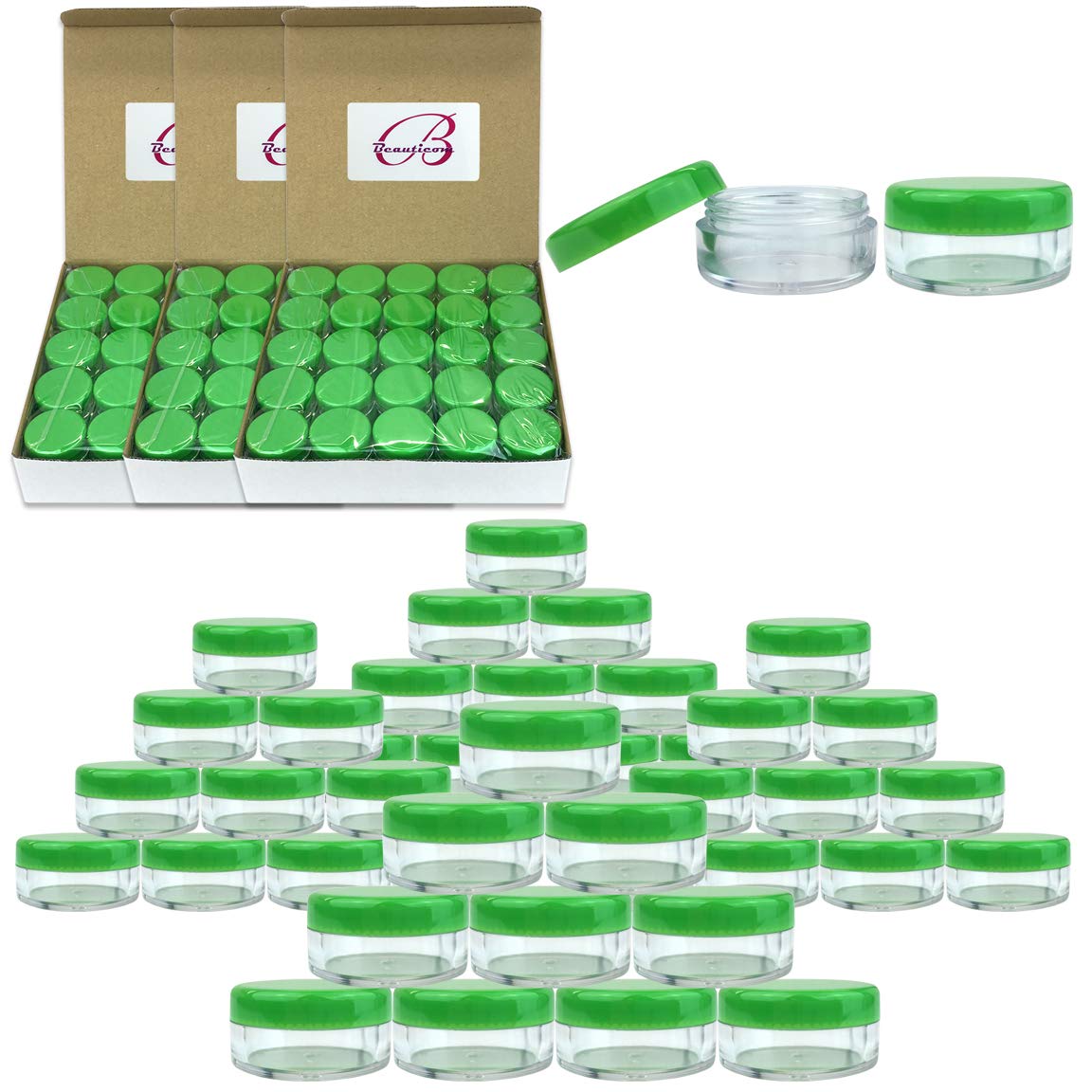 Beauticom (Quantity: 200 Pieces) 5G/5Ml Round Clear Jars With Green Lids For Scrubs, Oils, Toner, Salves, Creams, Lotions, Makeu