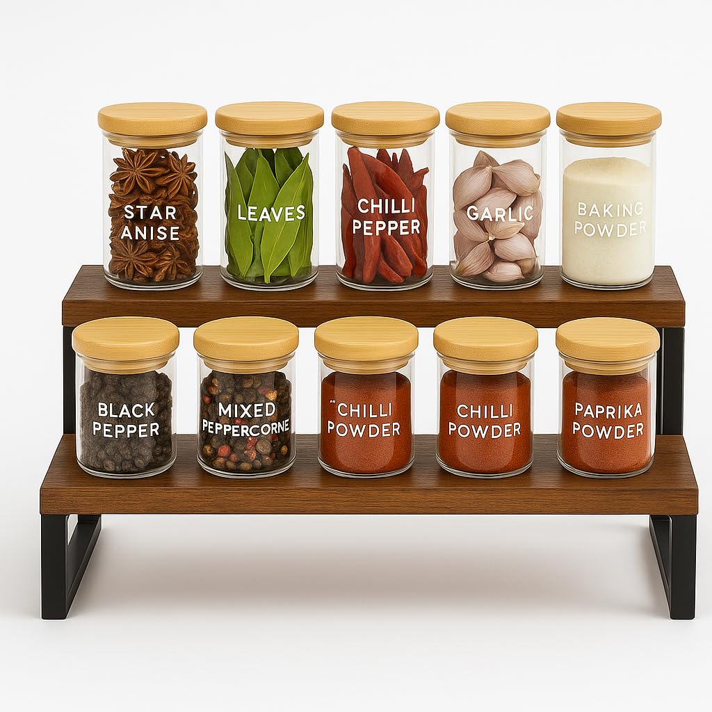 U T E E Z 2Tier Wooden Display Riser Stand  Tiered Countertop Shelf Organizer For Kitchen, Spice Jars, Perfume, Makeup, Condim