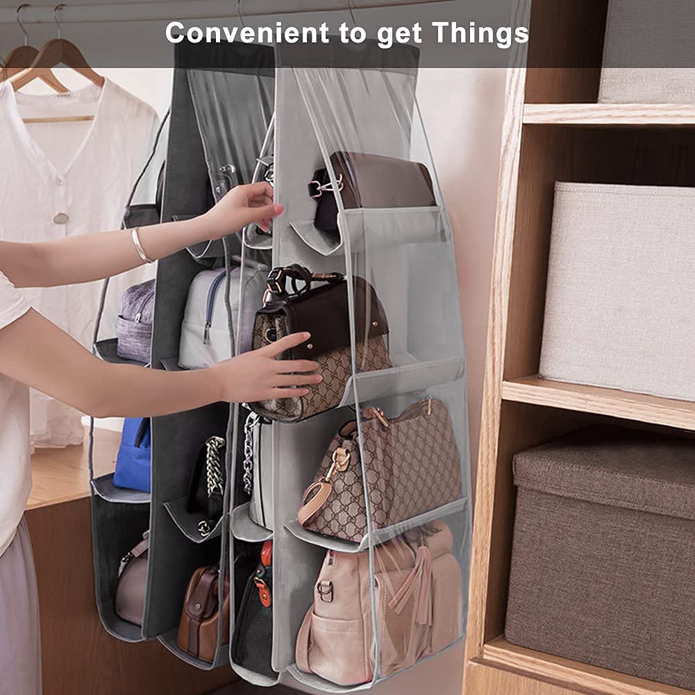 Lirex Handbag Hanging Organizer  8 Pocket Hanging Purse Organizer Handbag Storage Hanger Oxford Cloth Closet Organizer for Family Closet Bedroom  Foldable and Universal Fit  Grey
