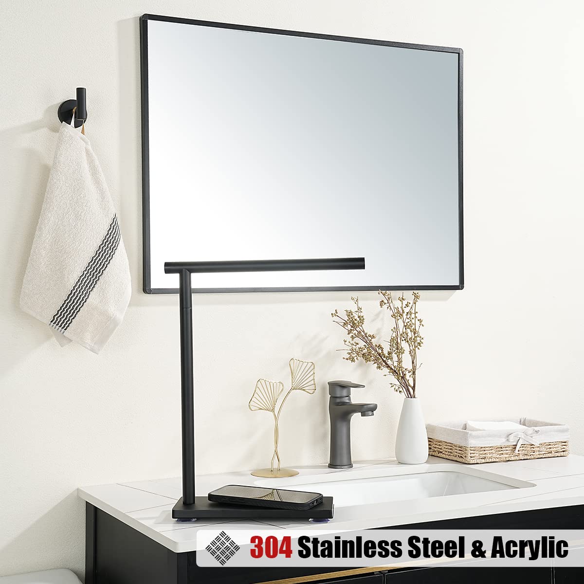 JQK Hand Towel Holder Stand Black  Modern Tree Rack Free Standing for Countertop with 12 Inch Bar  304 Stainless Steel Matte Black Thicken 0.8mm  HTT170-PB