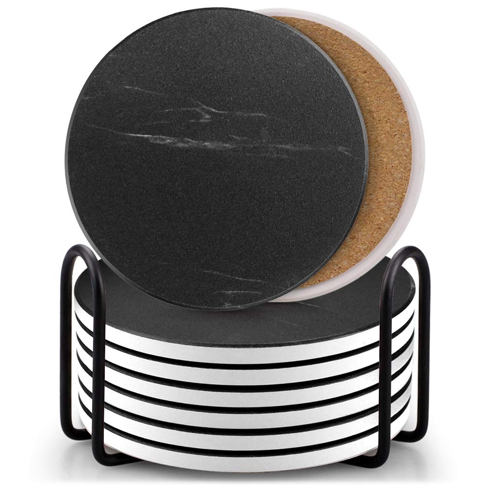 Eagmak Set Of 8 Coasters For Drinks, Marble Style Ceramic Drink Coaster With Holder For Coffee Wooden Table Home Decor(Black)