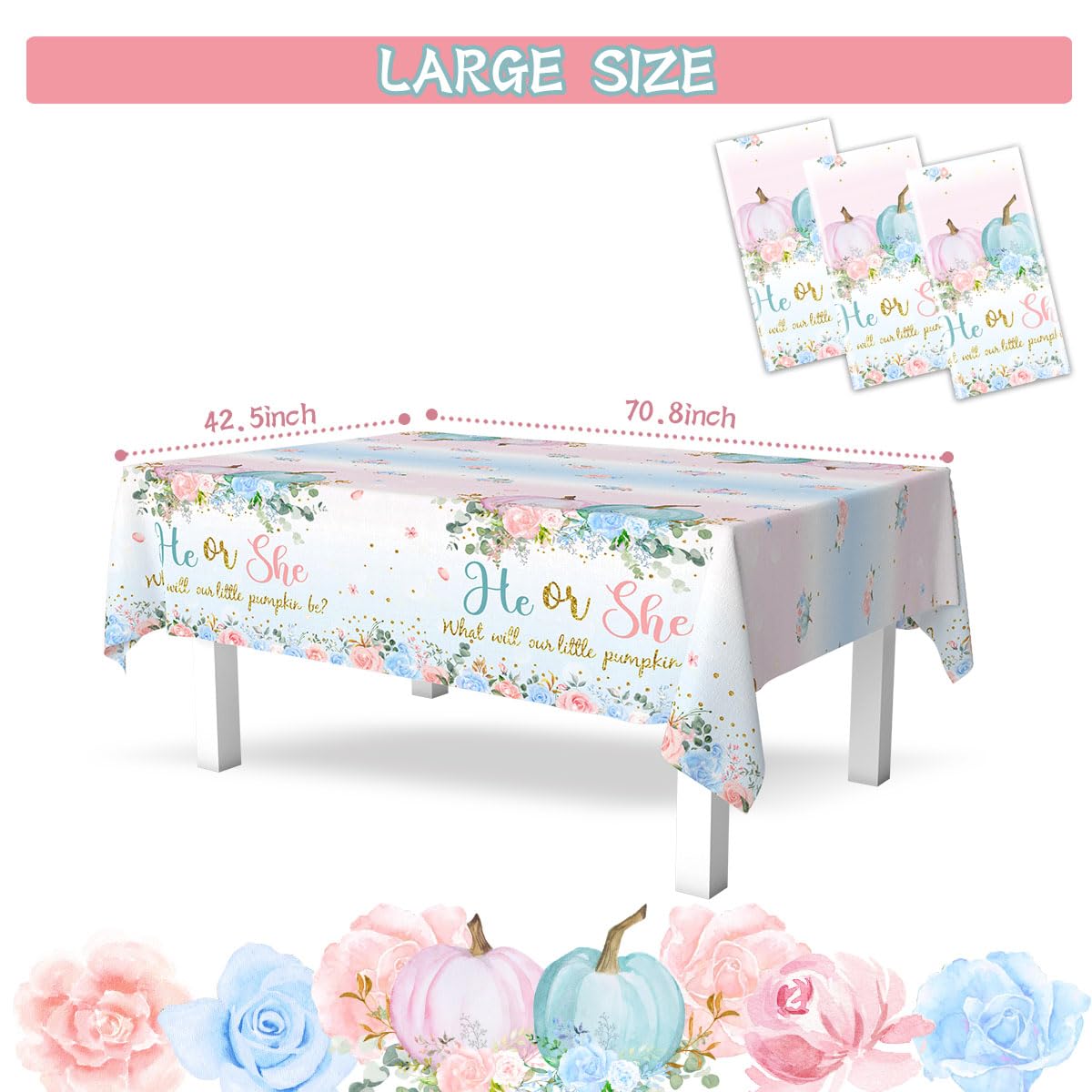 3Pcs Fall Tablecloth Decoration - He or She Gender Reveal Tablecloth Fall Floral Pumpkin Disposable Table Cover Fall Theme Baby