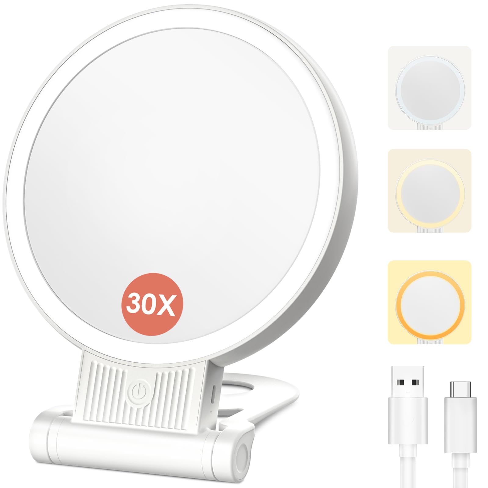 1X/30X Magnifying Mirror with Light and Adjustable Brightness, Makeup Mirror with 360 Rotation Adjustable Folding Handle, Portab