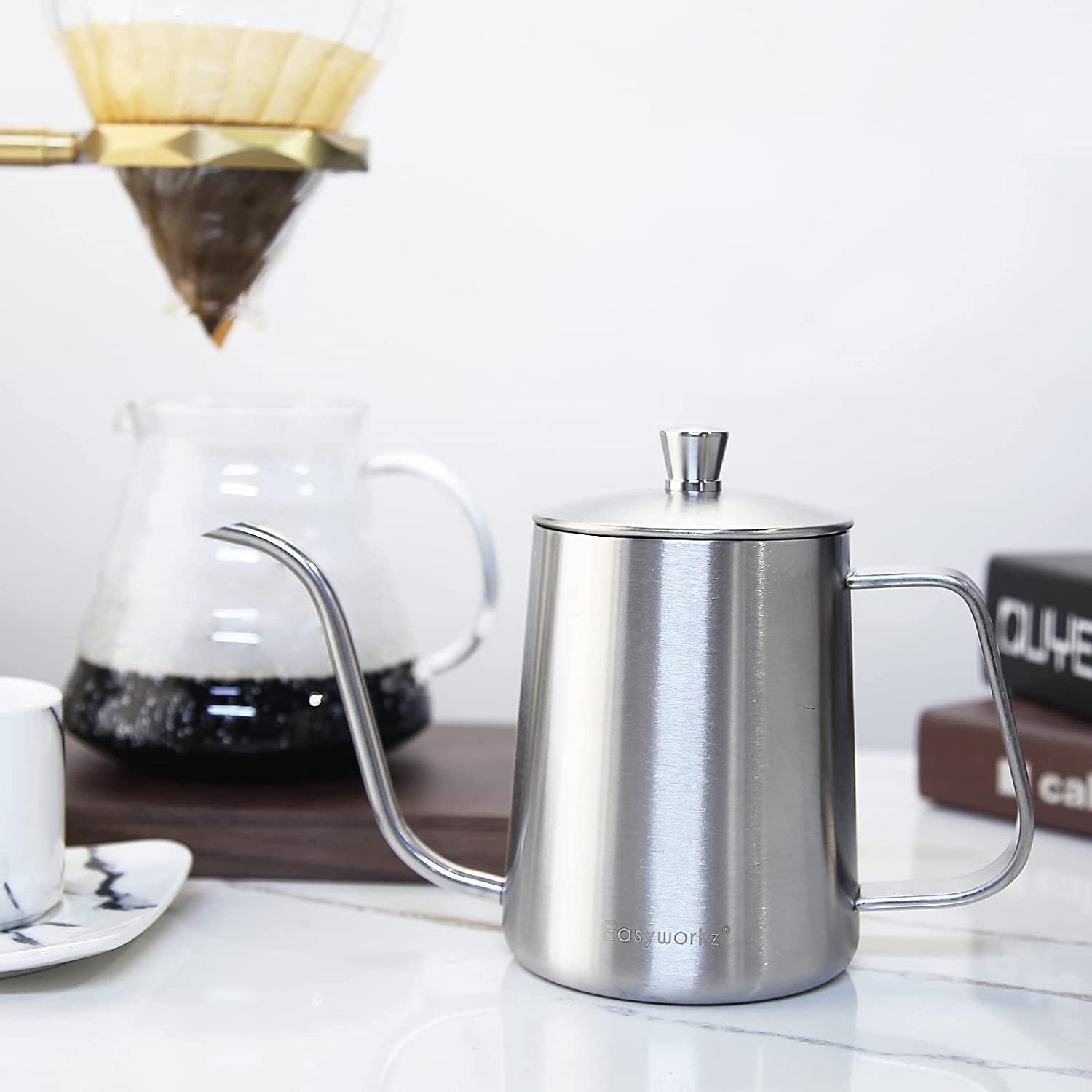 Easyworkz Gage Gooseneck Pour Over Coffee Kettle 20 Oz Stainless Steel Hand Drip Long Narrow Spout, Silver