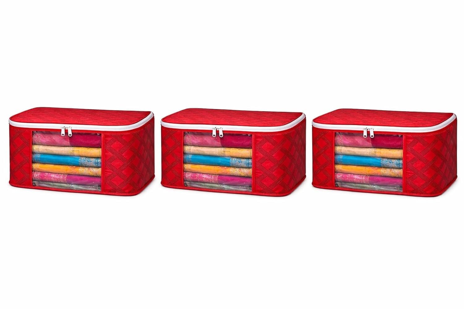 Clothes Storage Organizer Bags With Transparent Front Window And Zip Closure, (Red, Pack Of 3)