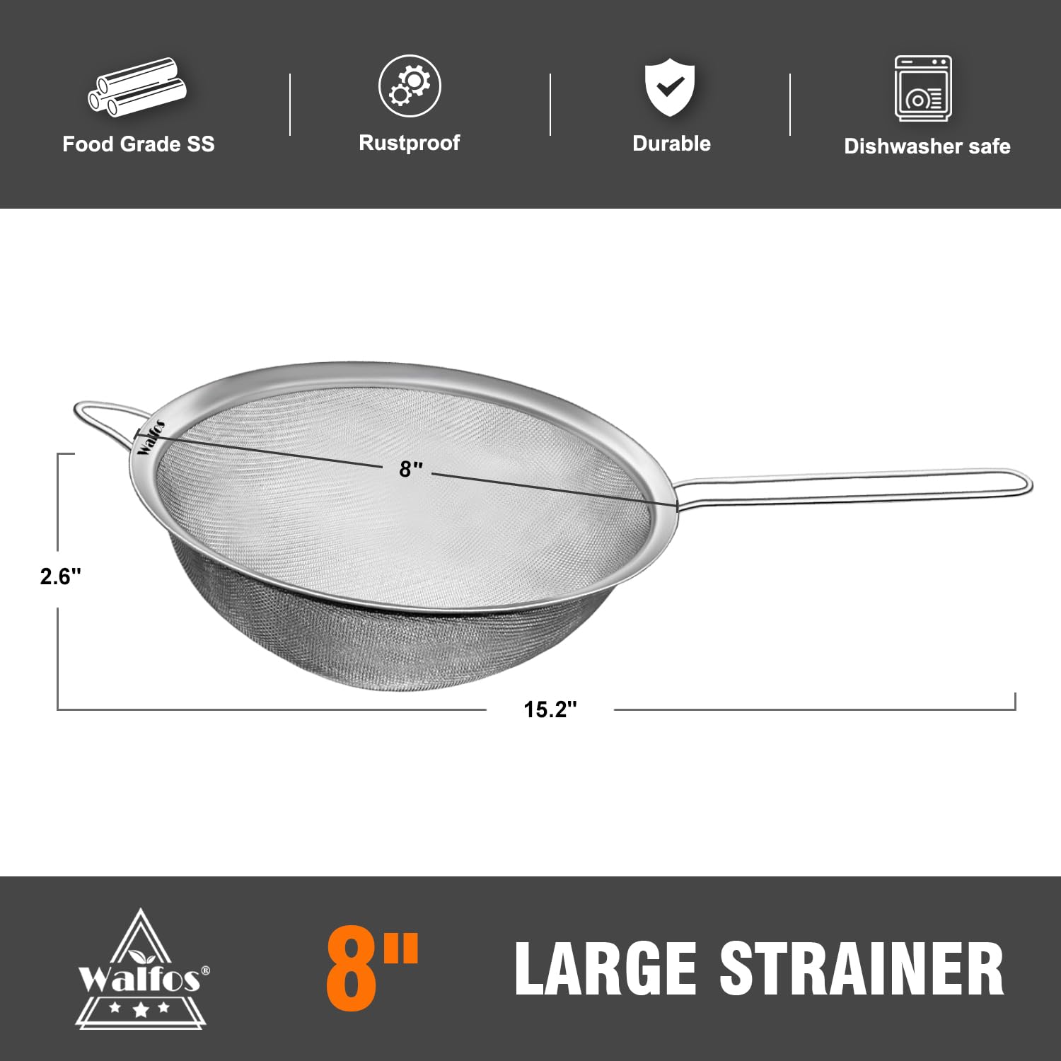Walfos 8 Inch Fine Mesh Strainer, Premium Stainless Steel Colanders And Sifters, With Reinforced Frame And Sturdy Handle, Perfec
