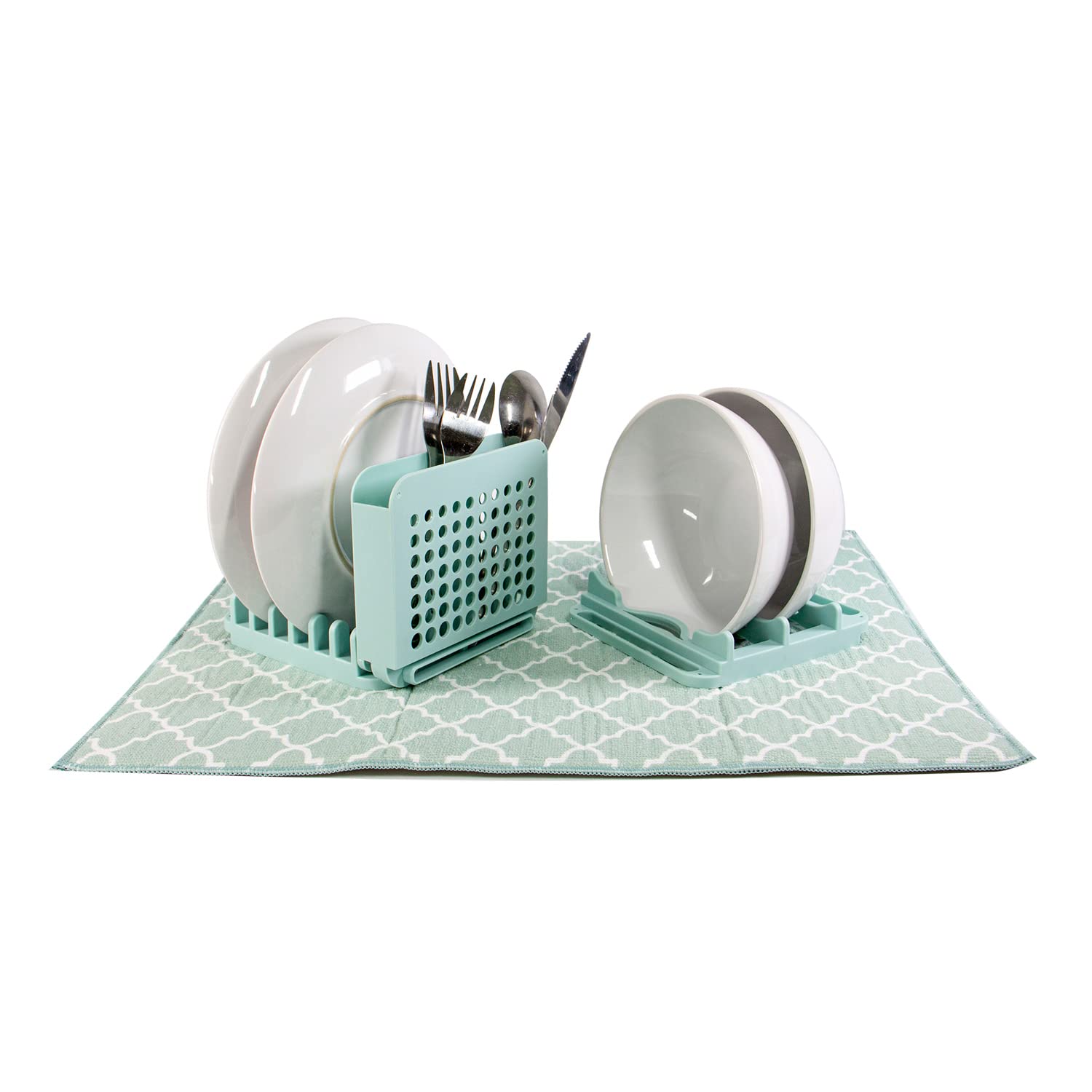 Grand Fusion Compact Collapsible Dish Dryingrack And Ultra Absorbent Microfiber Mat, Dish Rack For 5 Plates, 2 Bowls And Silverw