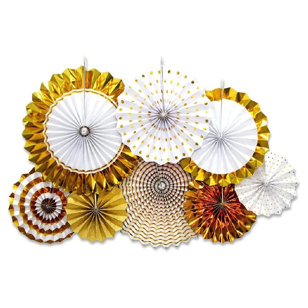 Pop The Party 8pcs Origami Wall Decoration Set Golden White Round Paper Fans Party Decoration for Birthday Wedding Baby Shower P