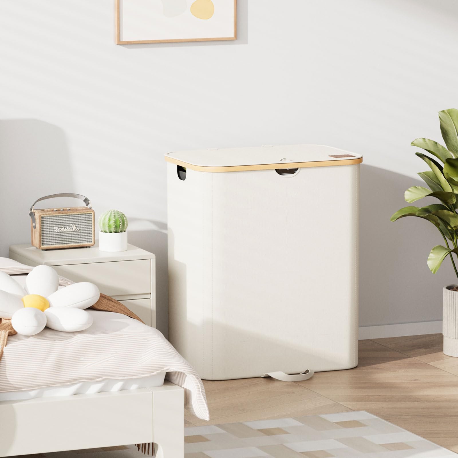 Xlhomo 160L Double Laundry Hamper With Lid, Dirty Clothes Hamper With 2 Removable Bags, Beige Laundry Hamper 2 Section With Bamb