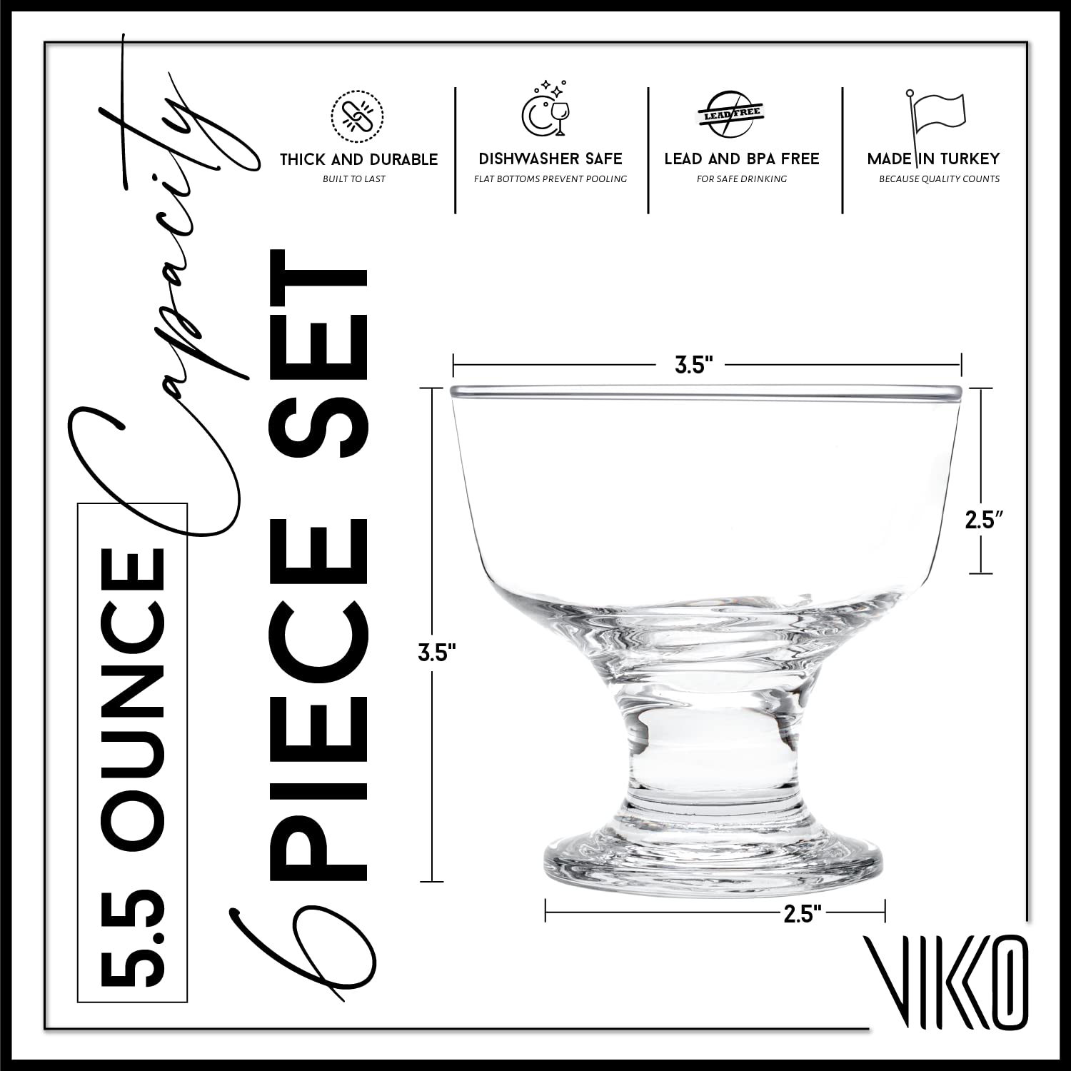 Vikko Dessert Bowls, 7 Ounce Ice Cream Sundae Bowls, Set Of 6 Footed Dessert Cup For Ices, Pudding, Fruit, And More, Dishwasher