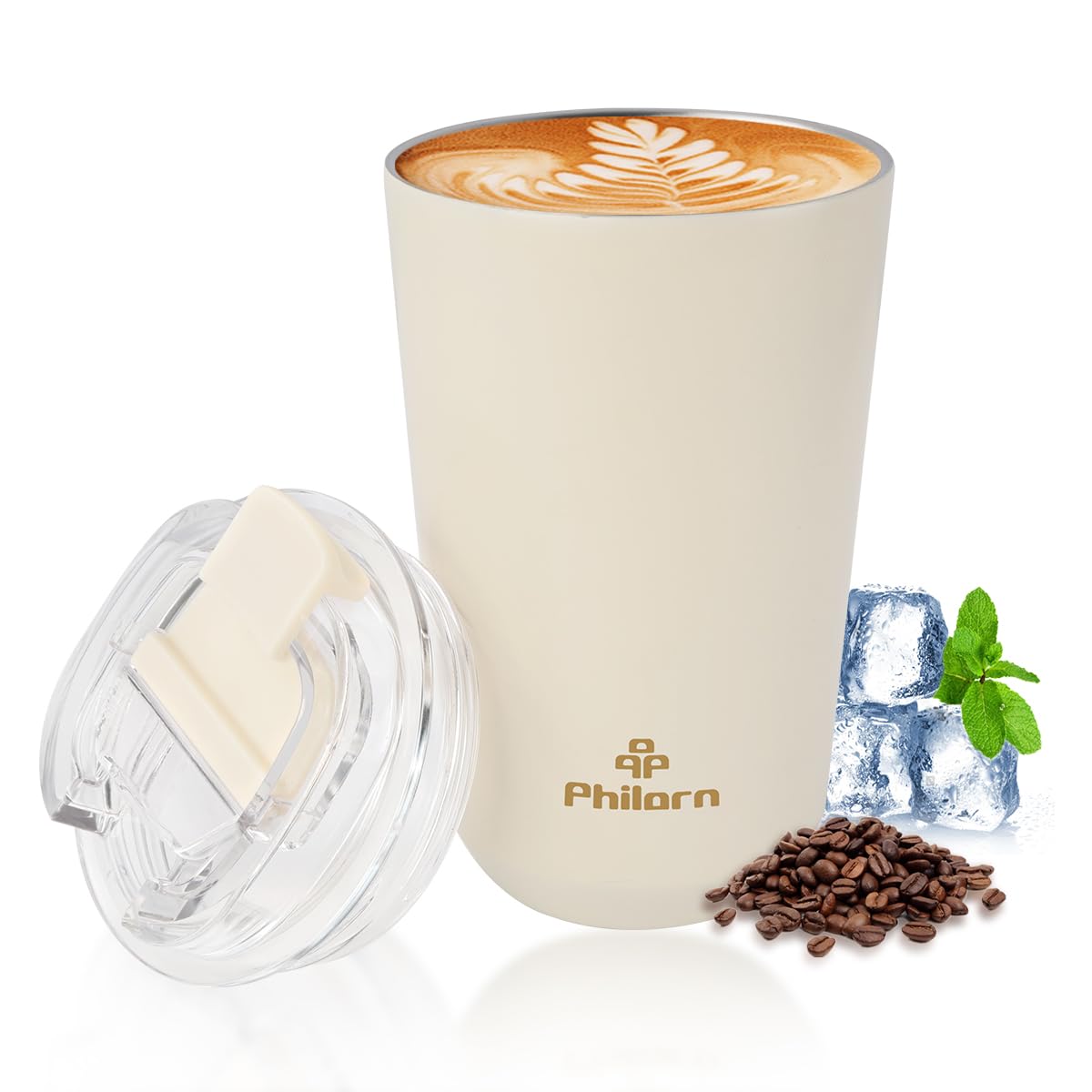 Philorn Travel Coffee Mug, Coffee Cup-12 Oz Insulated Coffee Mug With Lid, White Stainless Steel Coffee Mug With Double Wall, Th