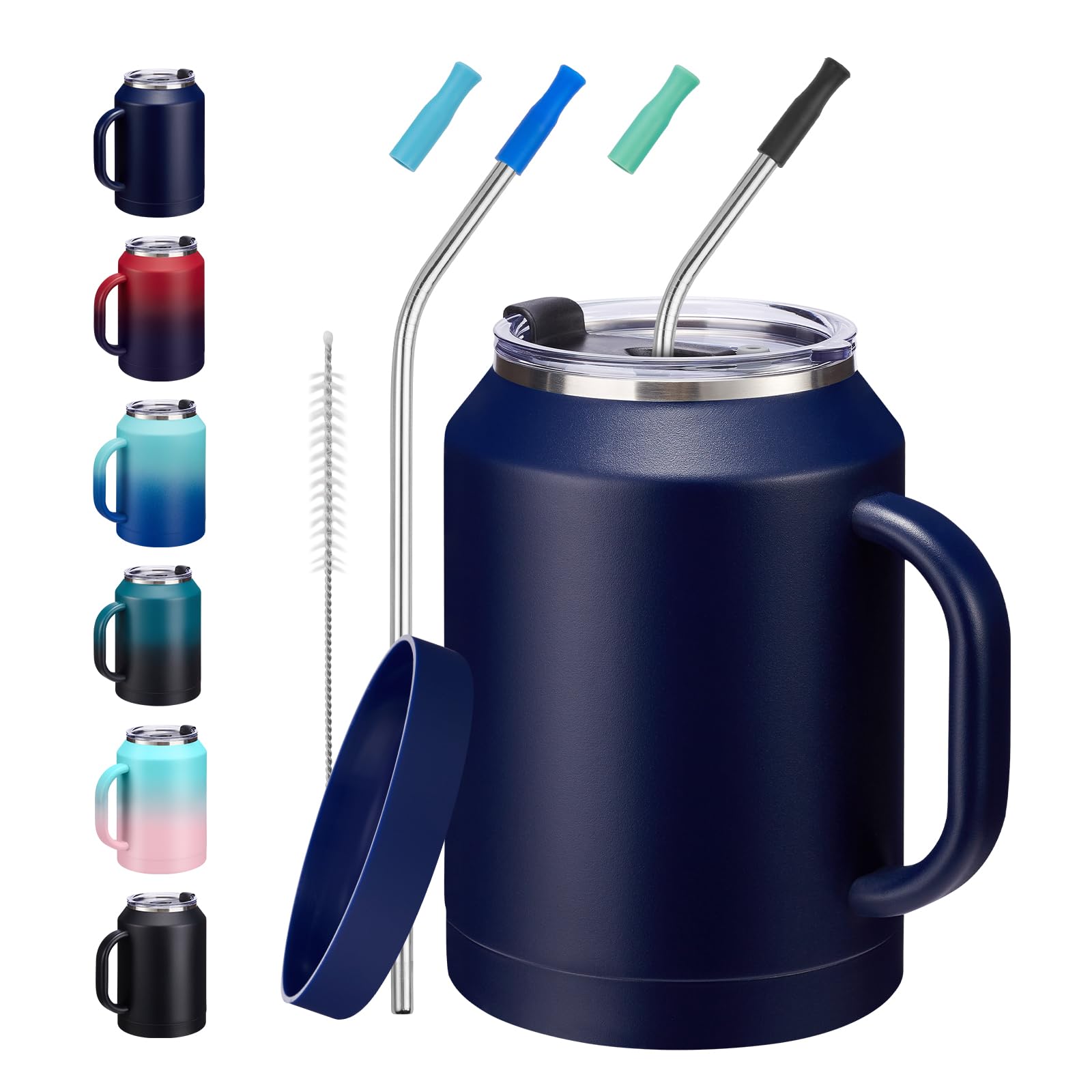 50 oz Mug Tumbler with Handle and Straw  2in1 Lid, Insulated Metal Iced Coffee Thermal Cup, Stainless Steel Water Mugs, Doubl