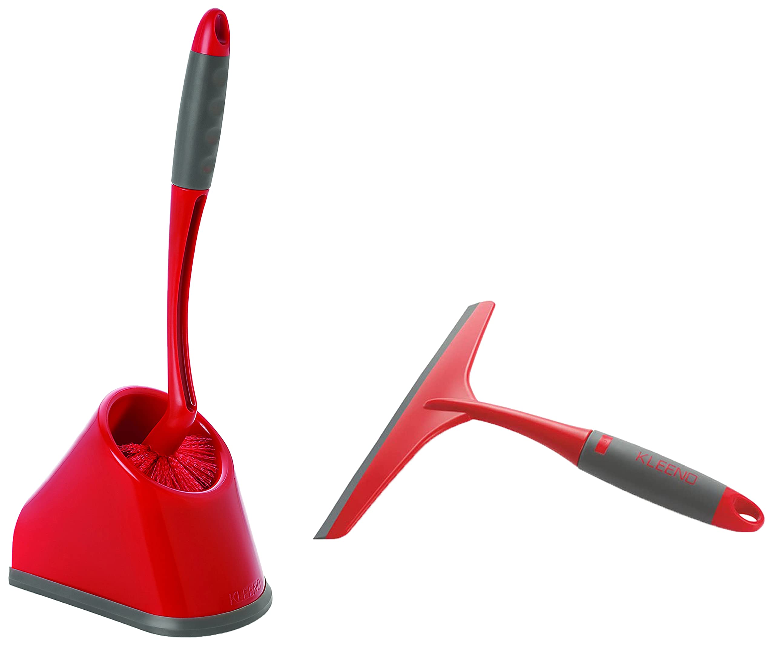 Kleeno Cello Angular Toilet Brush with Storage (Red and Grey) & Kleeno Kitchen Platform and Glass Plastic Wiper (Red and Grey) C
