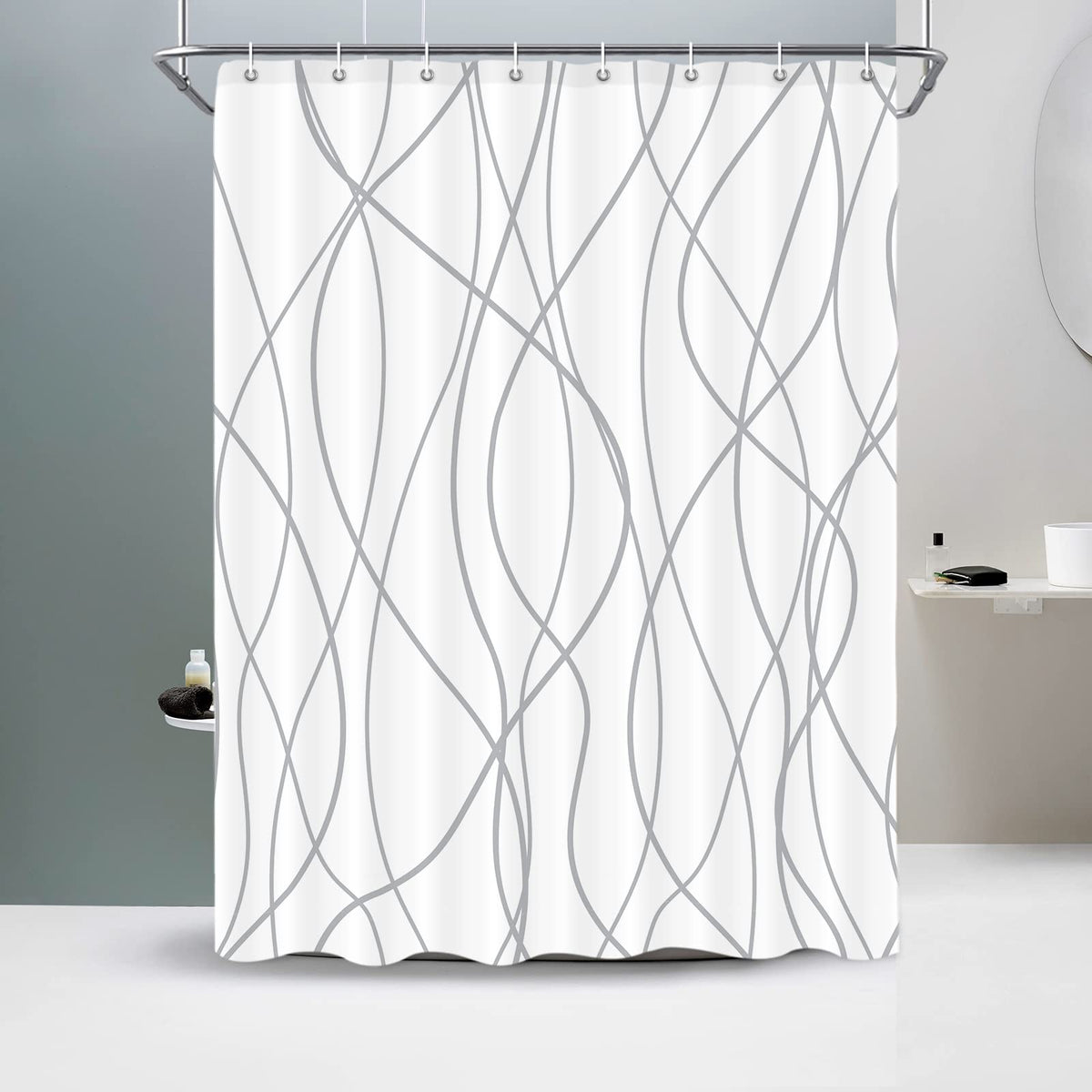 Punkray Grey And White Striped Fabric Shower Curtain For Bathroom With 10 Hooks, Bath Curtains Decorative Cortinas Para Bano Duc