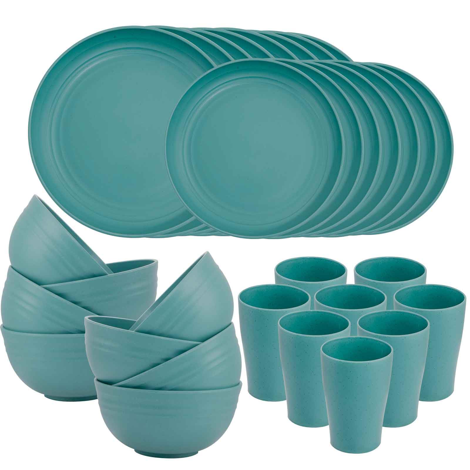 Supernal 32pcs Wheat Straw Dinnerware Sets,Dinnerware Sets for 8,Unbreakable Dinnerware,Reusable Tableware,Dark Green Set 16pcs 