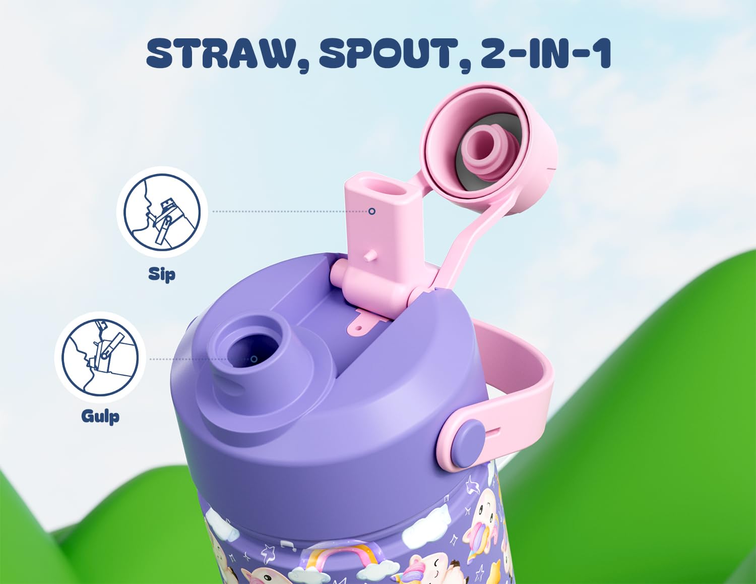 12 oz Insulated Water Bottle for Kids: 2-in-1 Straw Spout Lid, Spill-proof, BPA-Free, Easy Clean, Keep Cold 24H, Cute Patterns,