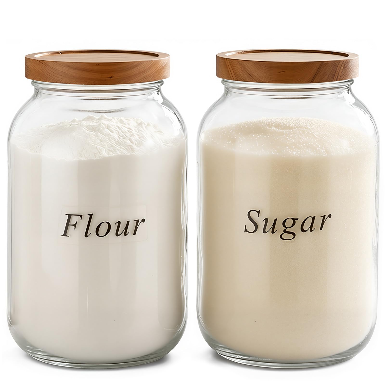 YoenKtss 2 Pack Glass Flour Sugar Storage Containers with Acacia Wooden Lid, 1 Gallon Glass Jars with Airtight Lid, Wide Mouth L