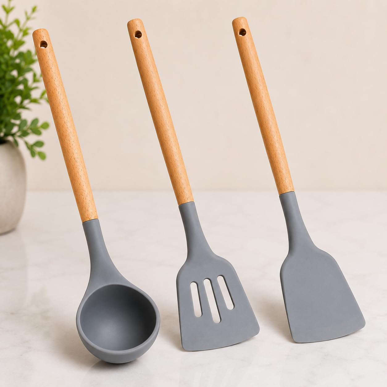 Silicone Cooking Utensils Set With Wooden Handle, 3 Piece
