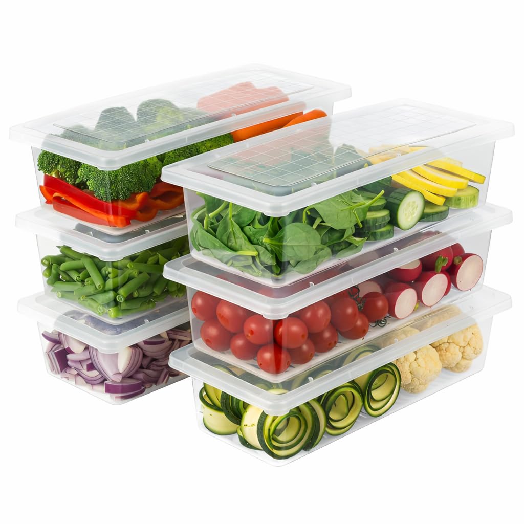Amazon Brand - Solimo Plastic Stackable Storage Containers With Removable Drain Plate For Fridge, Rectangle, Pack Of 6,White