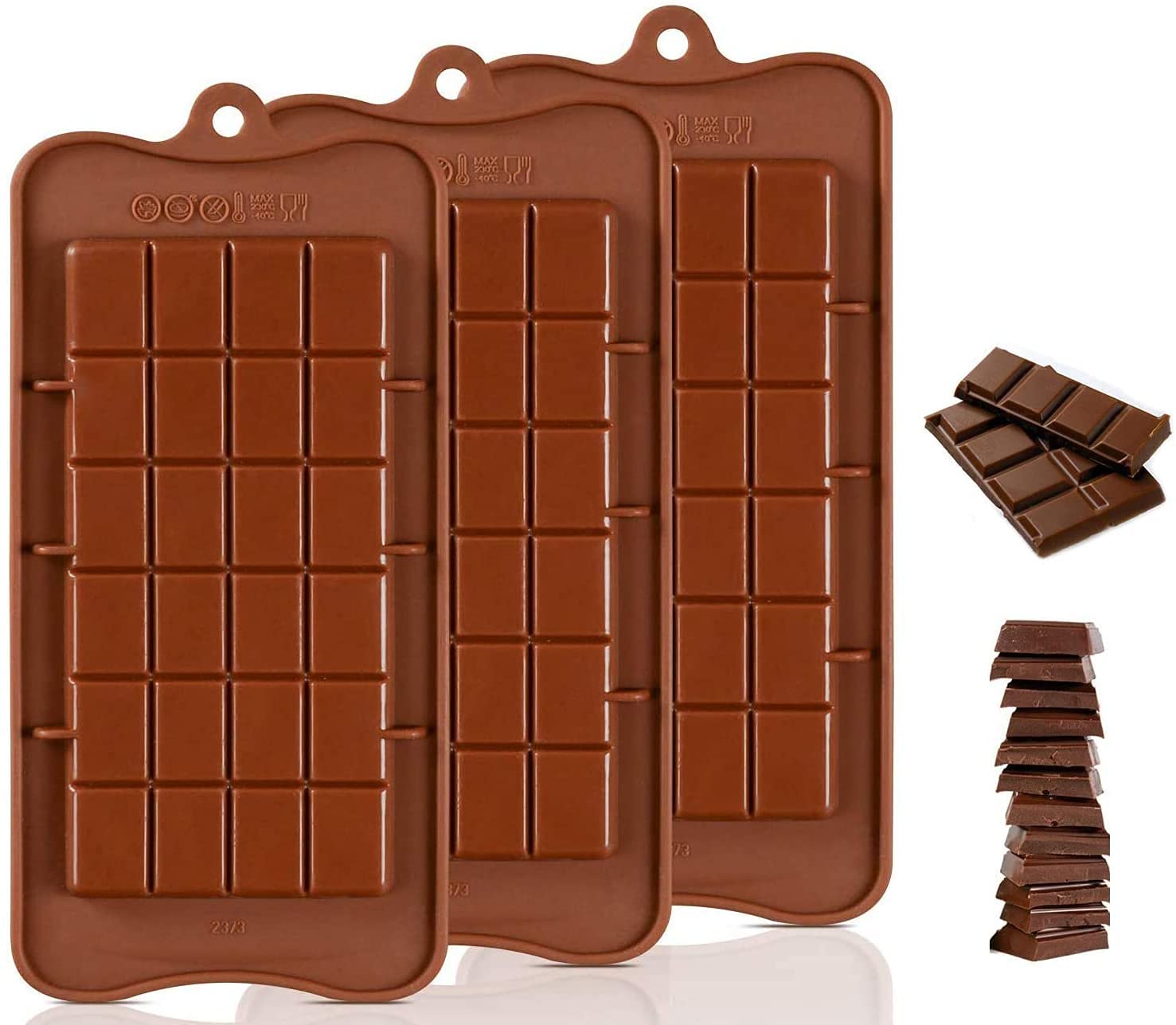 Bamutu Silicone Chocolate Mold 3 Pack Break-Apart Chocolate Bar Molds Non-Stick Reusable Energy Bar Chocolate Baking Tool
