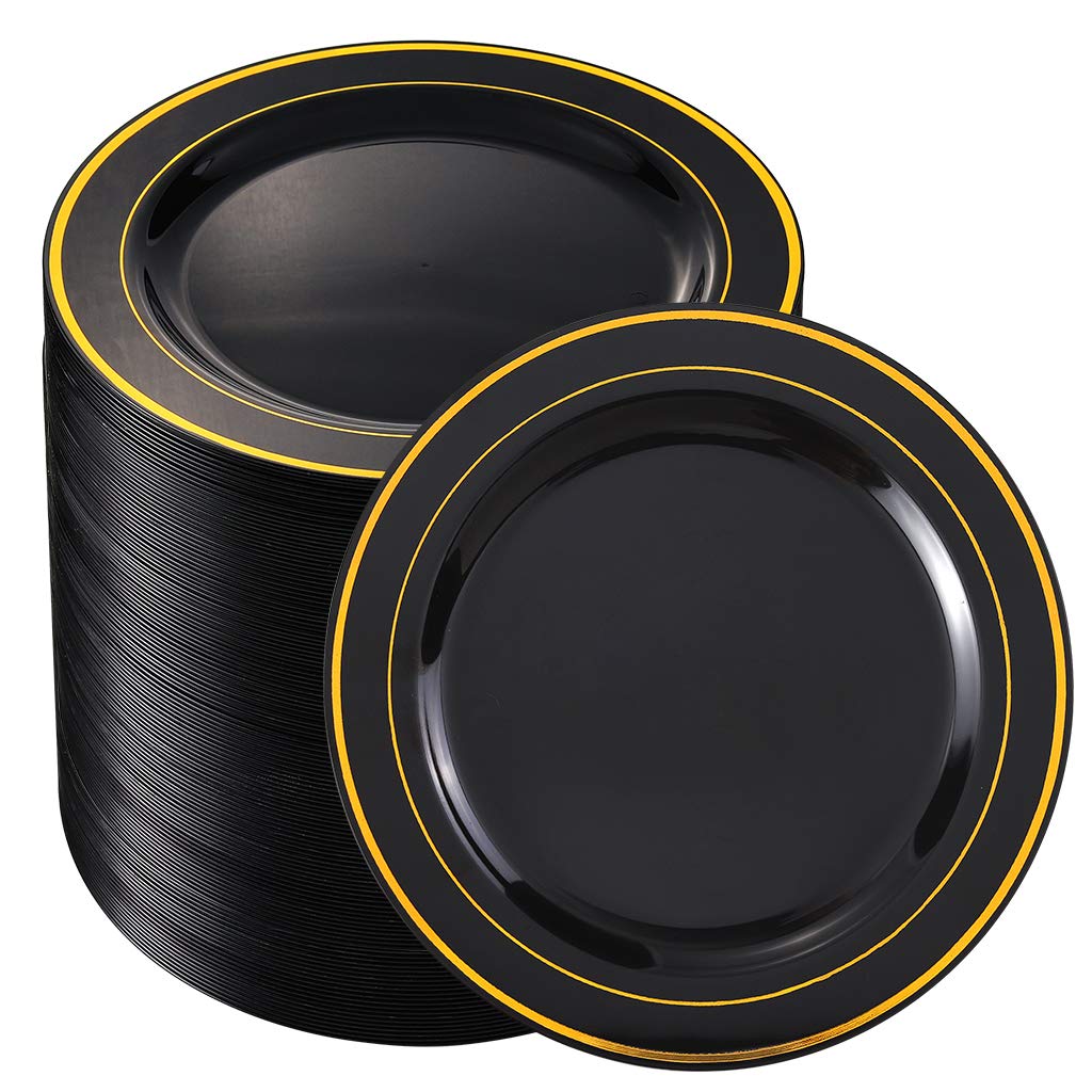 Bucla 100 Pieces Black And Gold Plastic Plates Disposable - 7.5Inch Disposable Salad/Dessert Plates With Gold Rim - Ideal For Ha