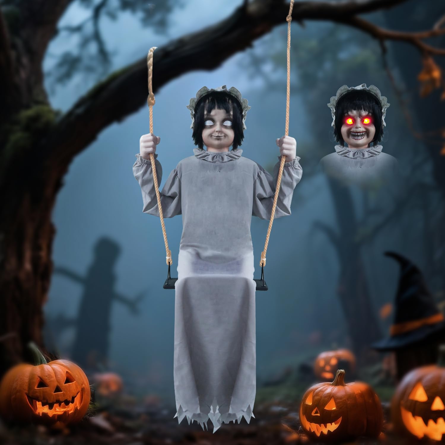 LarpGears Lifesize Swing Girl Halloween Animatronics Decorations - Creepy Twin-Face Motion/Sound Activated Hanging Prop Decor wi