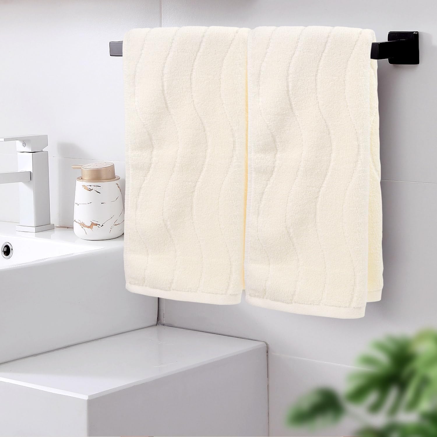 Pack Of 2 Quick Dry Hand Towels (13X29 Inches, Beige) - 100% Cotton Face Towels For Bathroom Hotel Spa, Wavy Striped Jacquard