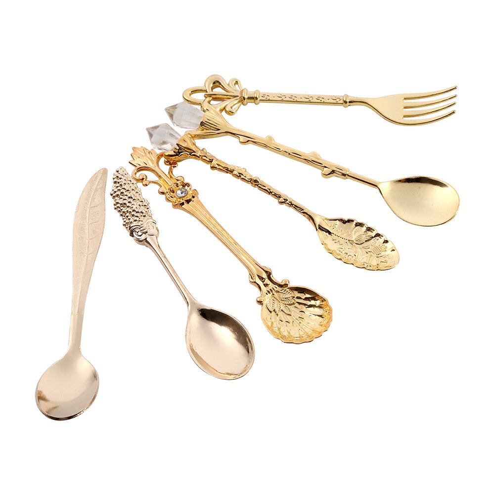 6Pcs/Set Retro Royal Spoons & Fork, 5Pcs Vintage Spoons And 1Pcs Fork, Coffee Espresso Tea Spoon, Zinc Alloy Creative Gold Spoon
