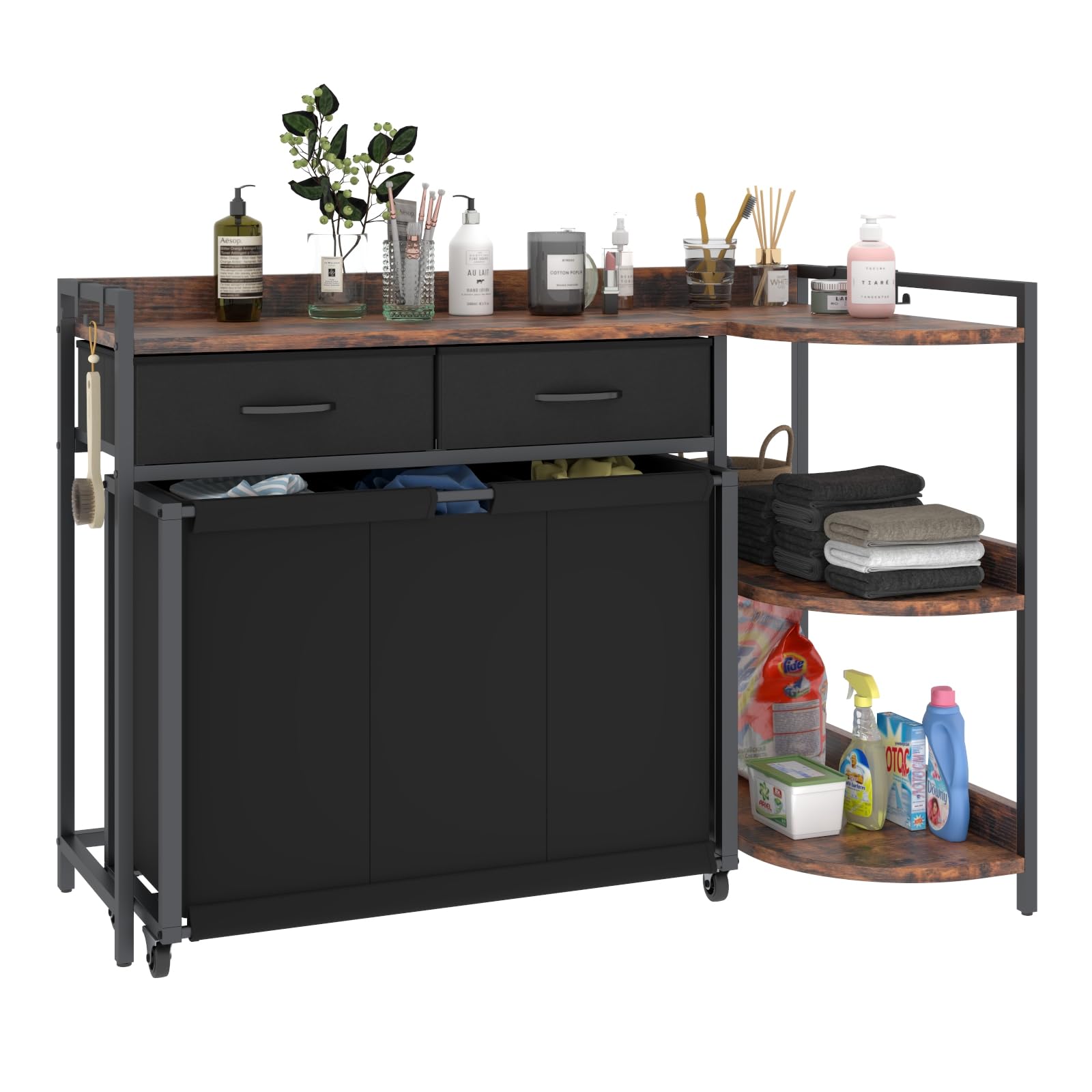 Stikely L Shaped Laundry Hamper Laundry Basket With 3 Section Pull-Out Rolling Bags & 3-Tier Storage Shelf, Laundry Sorter For O