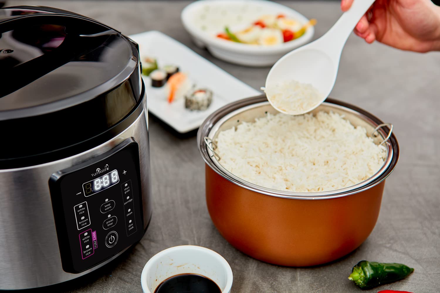 Yum Asia Kumo Rice Cooker, 5.5 Cups, Light Stainless Steel, Advanced Fuzzy Logic, Model YUM-EY10LUS, 5 Cooking Functions