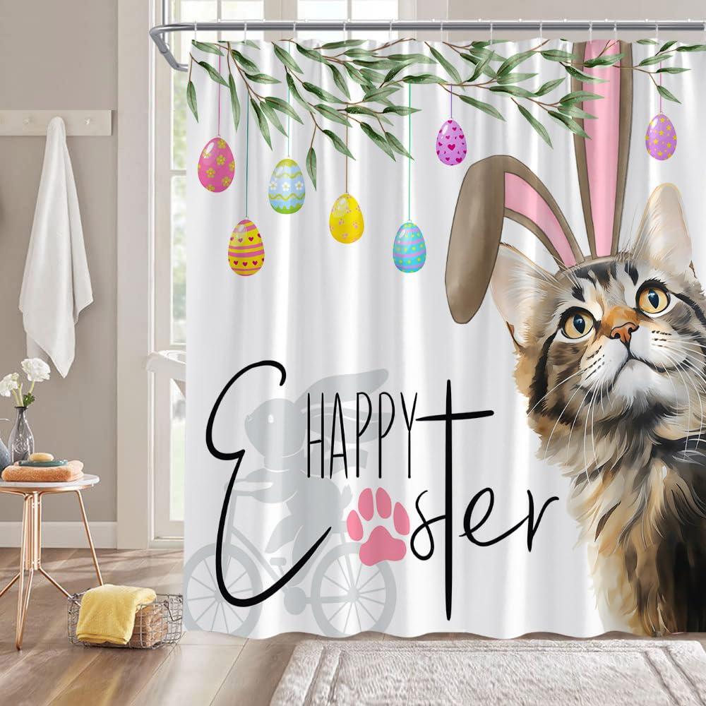 Ccxtcz Easter Shower Curtain Cute Bunny Cat Eggs Rabbit Spring Funny Fabric Bathroom Decor Curtains With Hooks,White