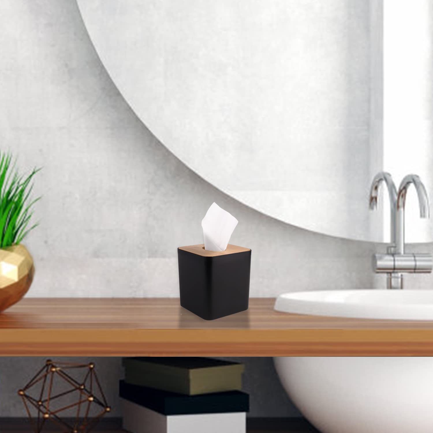 Tissue Box Cover,Tissue Holders,Tissue Box Holder For Bathrooms,Bamboo Cover Plate,Home And Office,5 * 5 * 5.4In (Black)