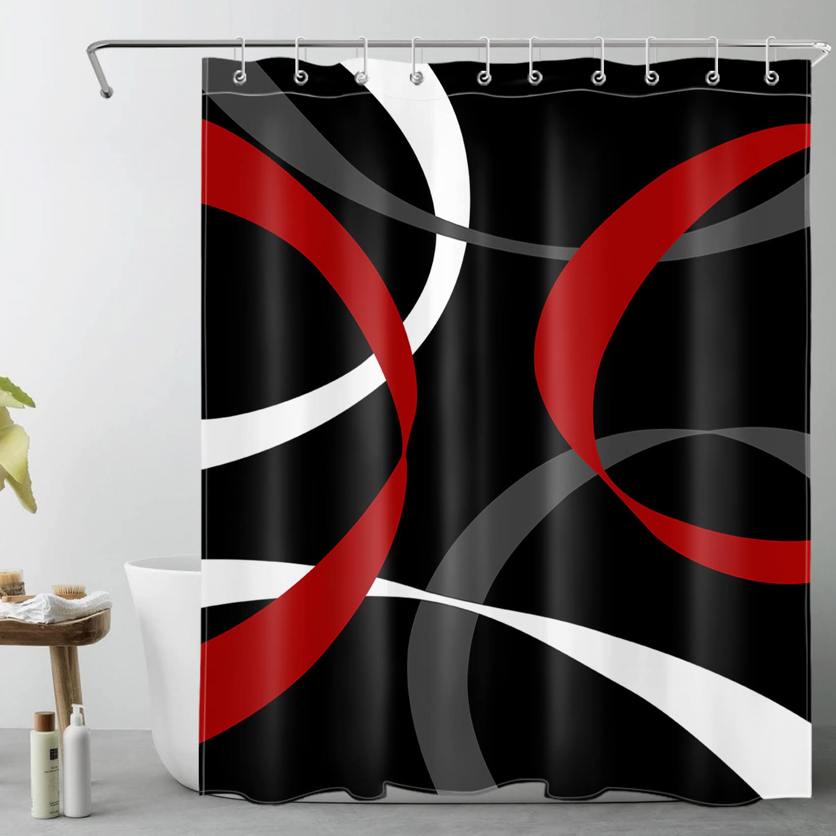 Lb Abstract Geometric Shower Curtain For Bathroom,Red Grey And White Striped On Black Background Fabric Shower Curtain With Hook