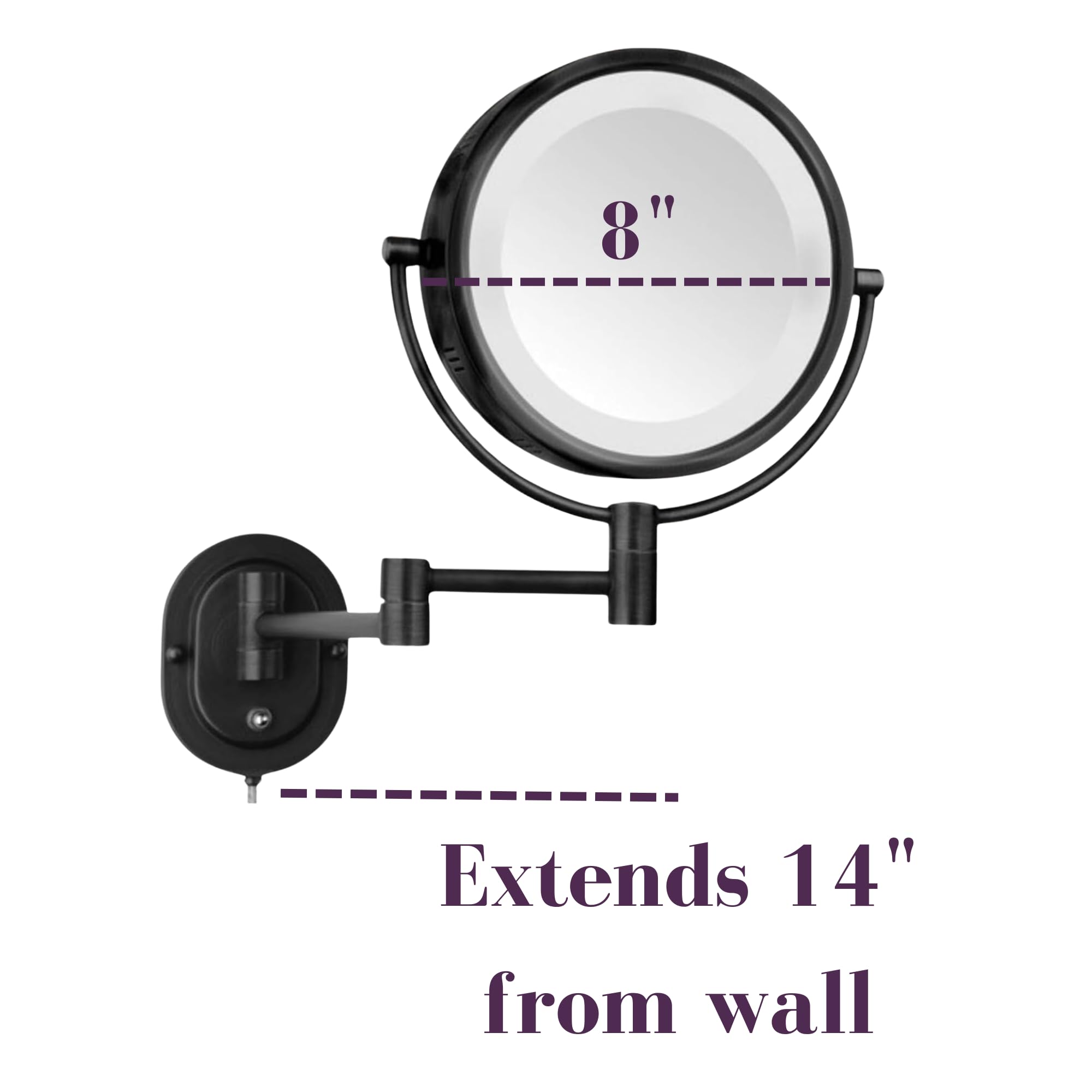 JERDON Wall-Mounted Makeup Mirror with 5X Magnification - Black Makeup Mirror with LED Lights - Plug in - Model HL65BK