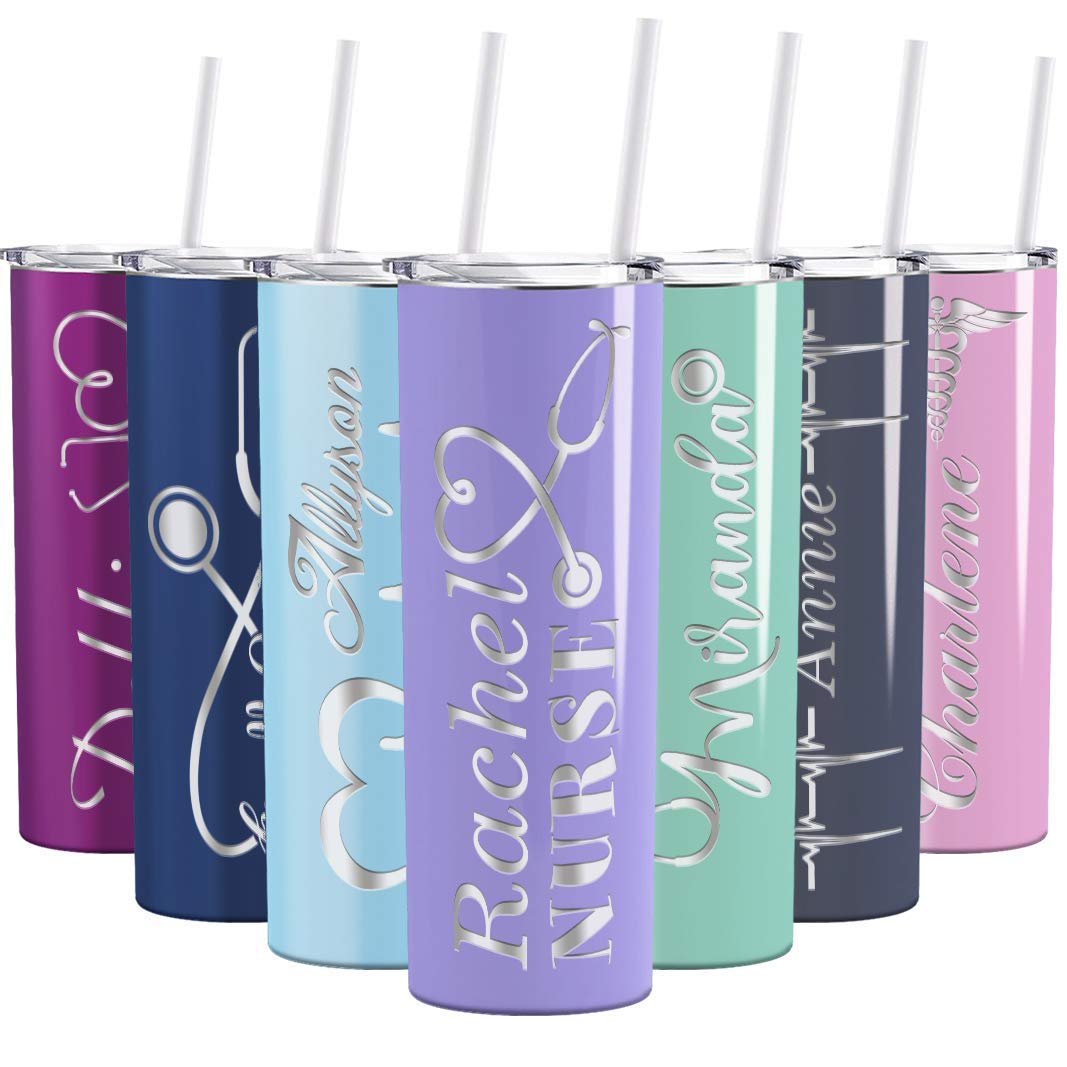 Personalized Nurse Laser Engraved Custom Lavender Gloss Nurse Custom Engraved 20 Oz Skinny Tumbler With Lid And Straw