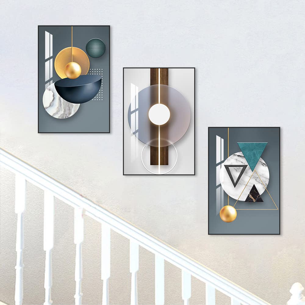 Artkn 3 Pieces Framed Abstract Geometric Wall Art, Art Shapes Patterns Paintings, Modern Wall Decor Artwork, Large Wall Art For