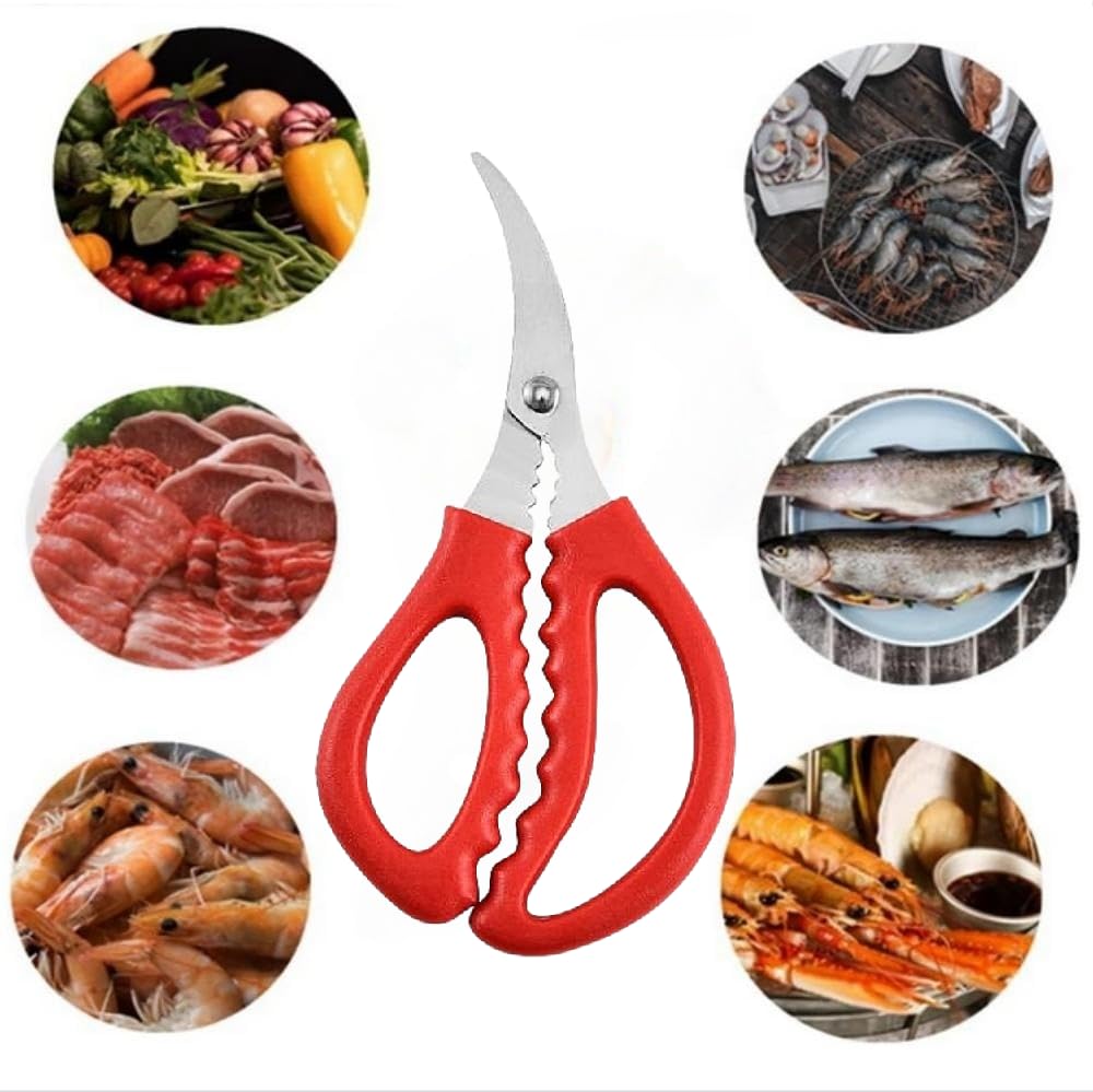 4 Pcs Seafood Scissors For Kitchen Multifunctional Seafood Fish Crab Shrimp Lobster Scissors Stainless Steel Shears,Red And Blac