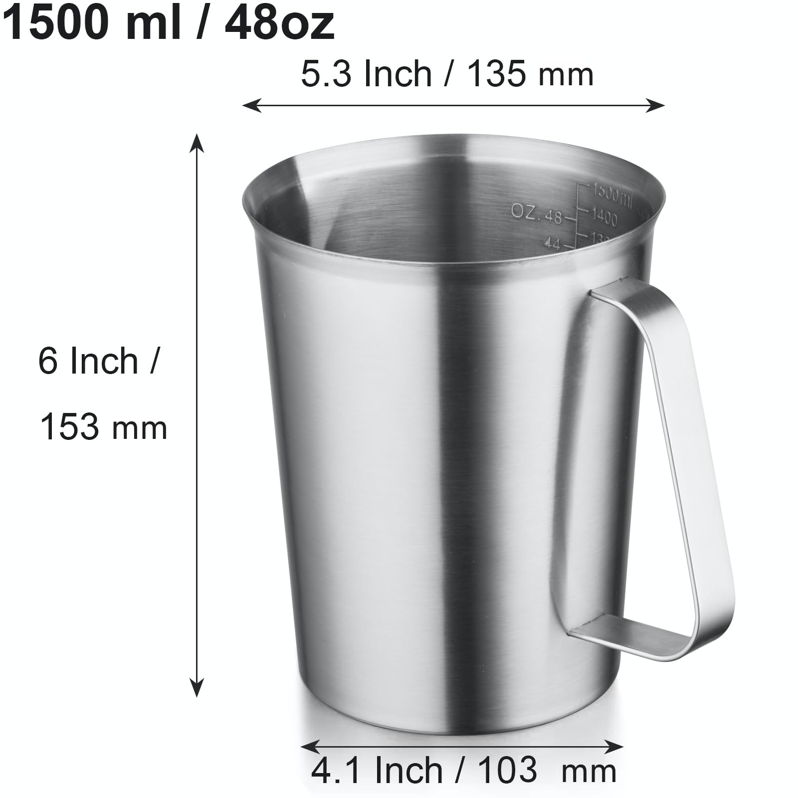 Curta 18/8 Stainless Steel Measuring Cup With Handle And Pour Lip, Metal Pitcher With Oz And Ml Marking, 48Oz/1500 Ml- 6 Cup), H
