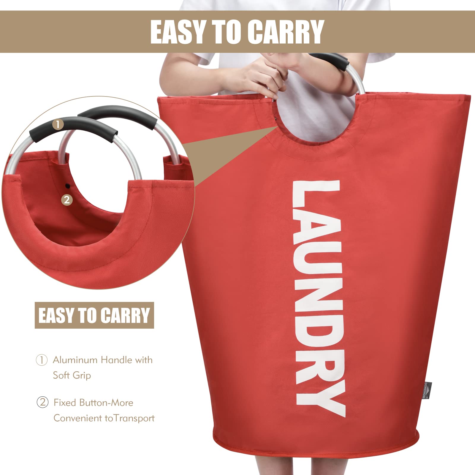 DOKEHOM 90L Large Laundry Basket  collapsible Laundry Bag  Freestanding Tall clothes Hamper  Foldable Washing Bin (Red)