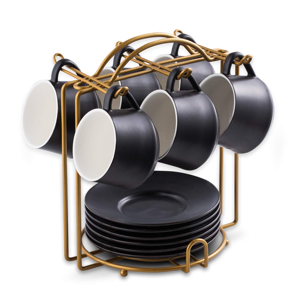Yhosseun Coffee Espresso Cups With Saucers Set With Cup Holder 4 Oz, Set Of 6 - Demitasse Cups Black