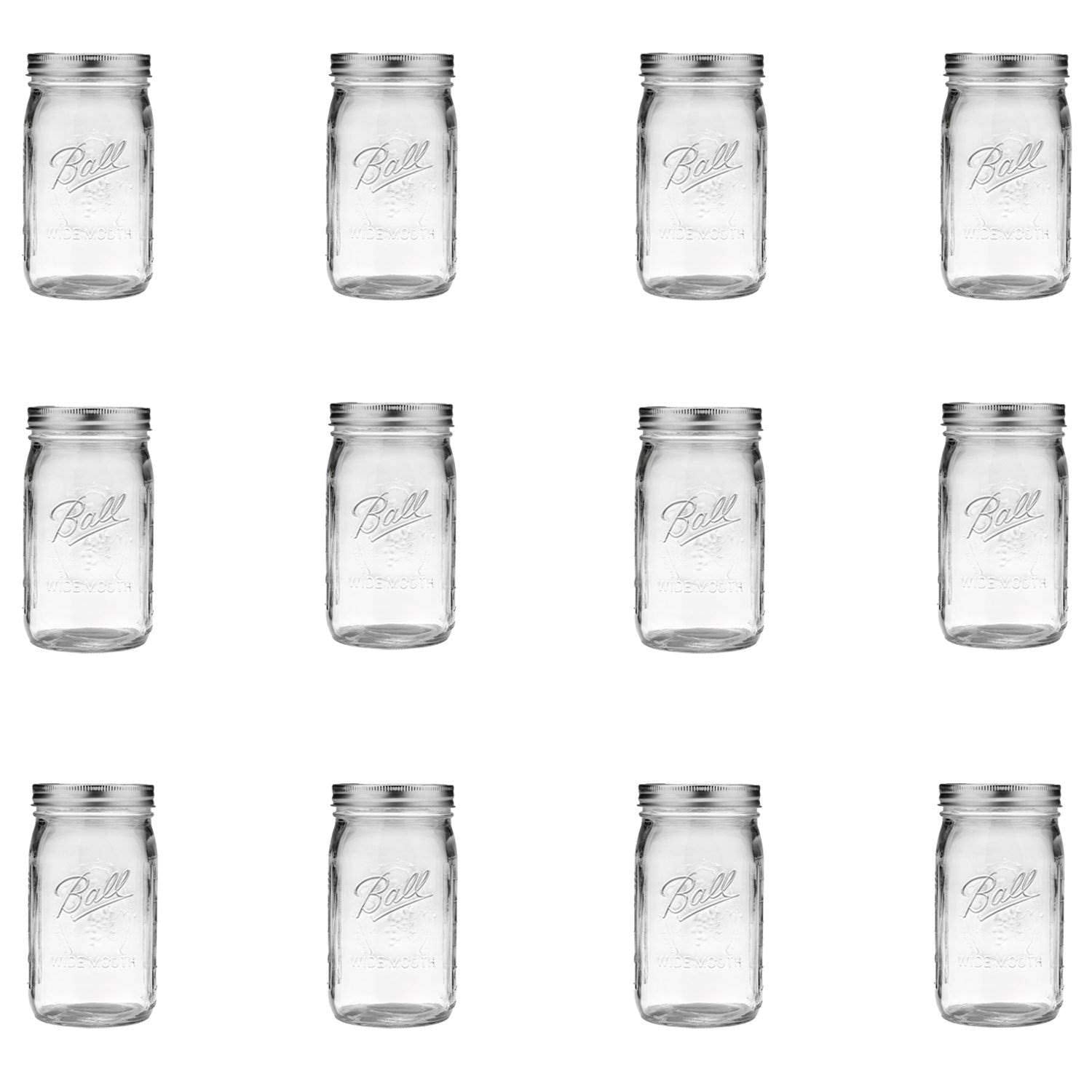 Ball Wide Mouth Clear Glass Canning Quart 32 Oz Mason Jars With Lids, 12 Pack