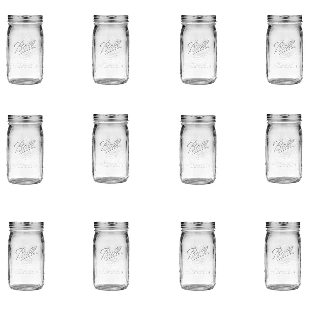 Ball Wide Mouth Clear Glass Canning Quart 32 Oz Mason Jars With Lids, 12 Pack