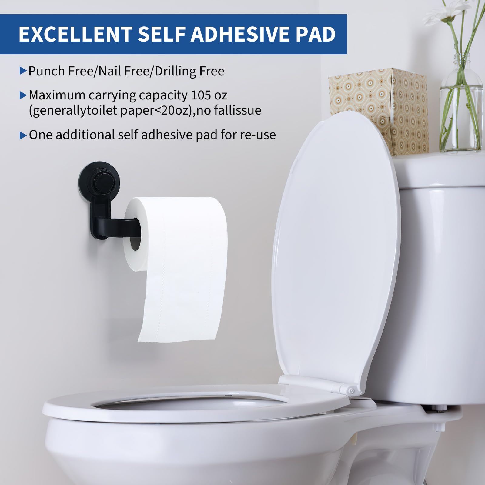 Toilet Paper Holder Wall Mount, Abs Vacuum Suction Cup Tissue Roll Holder For Bathroom Paper Dispenser (6.4X3.9 Inch) (Black)