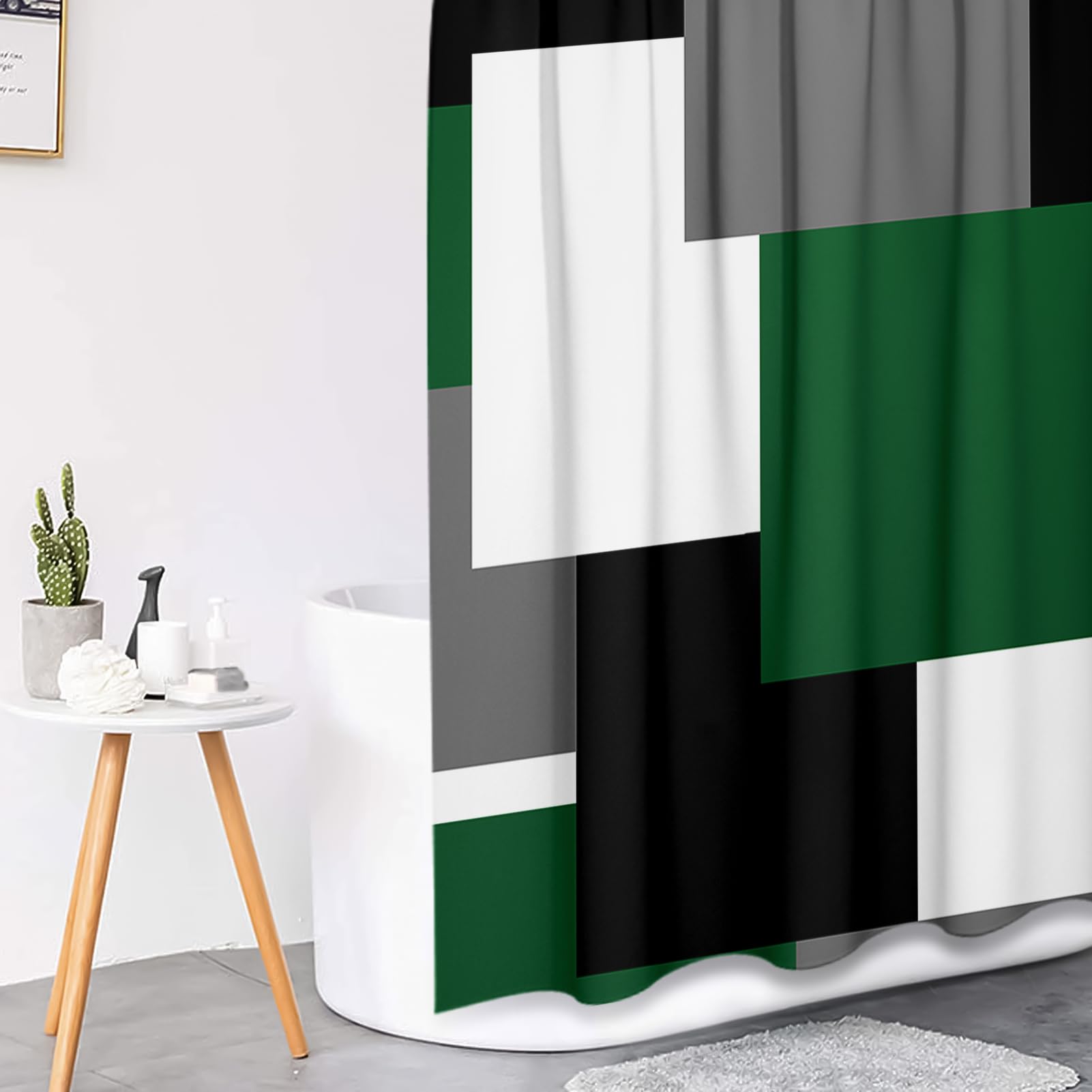 Tayney Green Geometric Shower Curtain Set With Toilet Lid Cover And Non-Slip Rugs For Bathroom, Grey Black White Checkered 4 Pcs