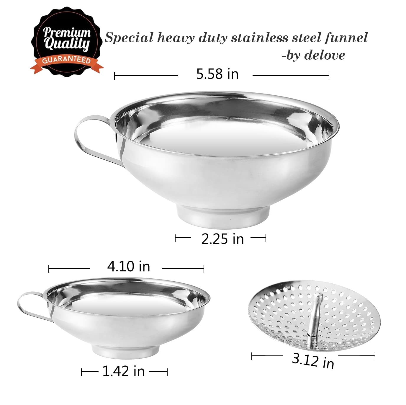Delove Canning Funnel Set - Stainless Steel, Wide & Regular Size - 3 Pack for Mason Jars - Silver, Model WF-2