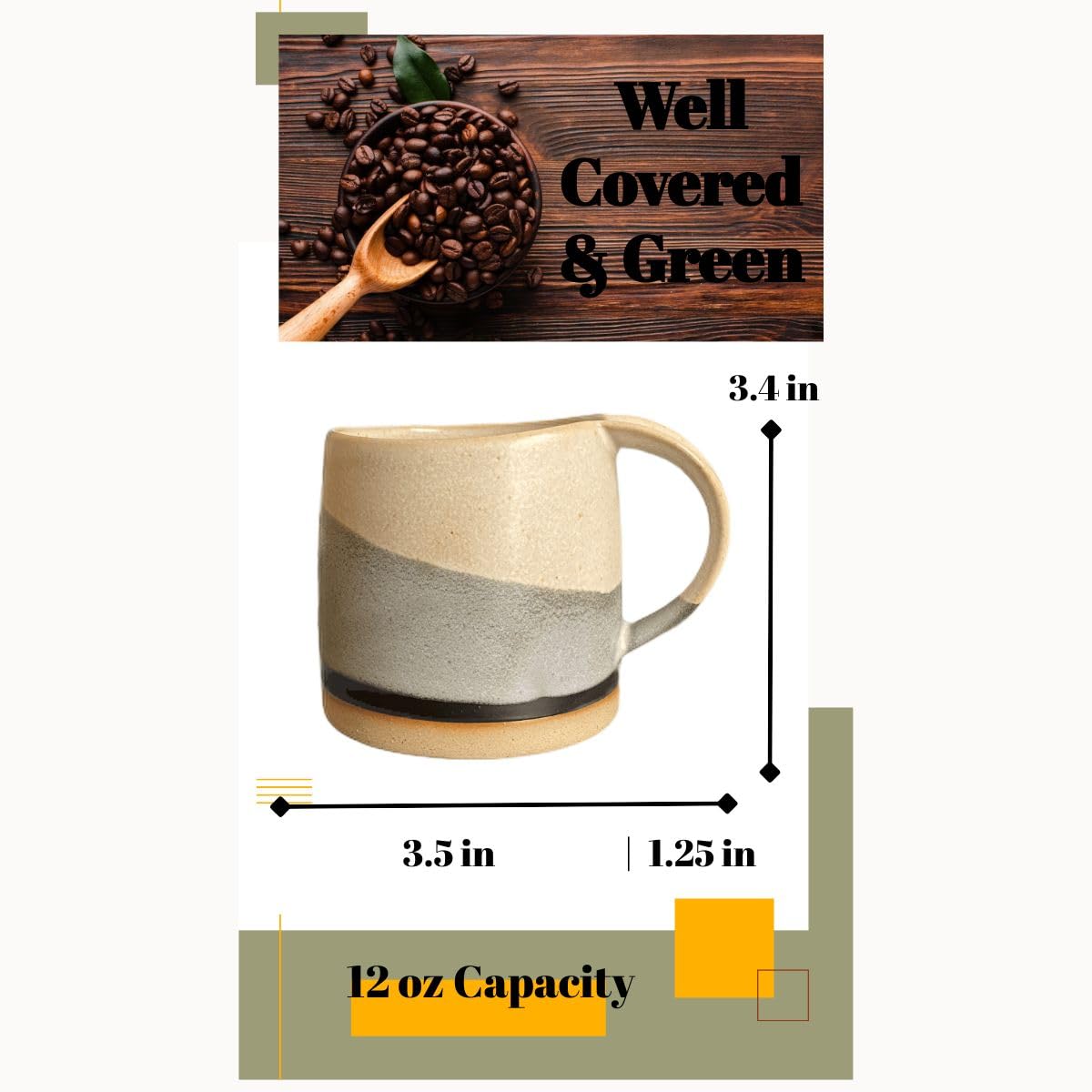 Well Covered & Green Original Day Glazed Ceramic Coffee Mug Set - 2 Vintage Japanese Style Cappucino Coffee Mugs - Stoneware Mug