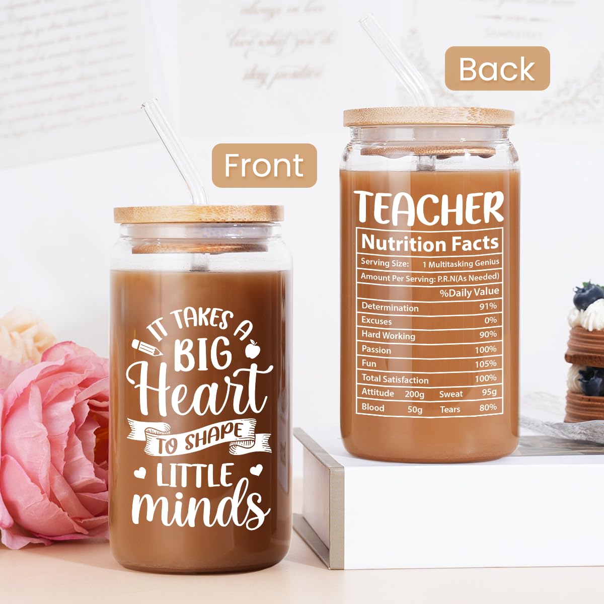 Teacher Gifts for Women - 16 Oz Can Glass Coffee Cup with Straws - Teacher Appreciation Gift for Women on Birthday Back To Schoo