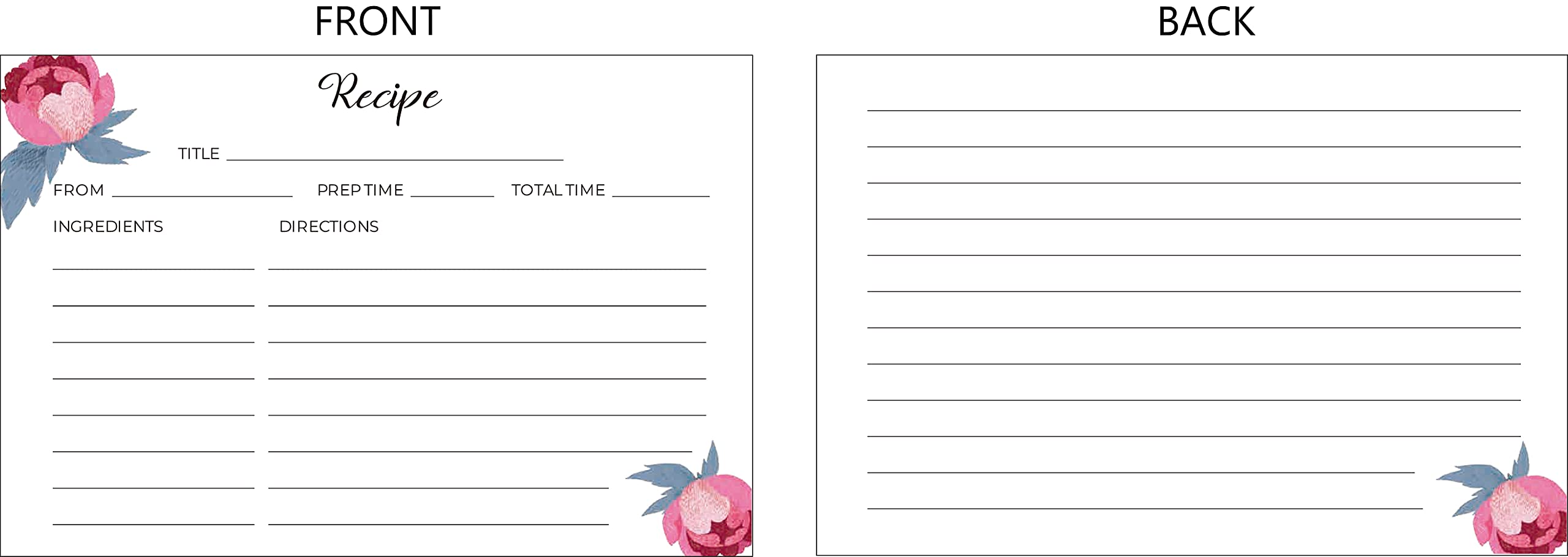 HEART & BERRY Recipe Cards - Set of 50 Double-Sided 4x6 Thick Paper in Roses Color