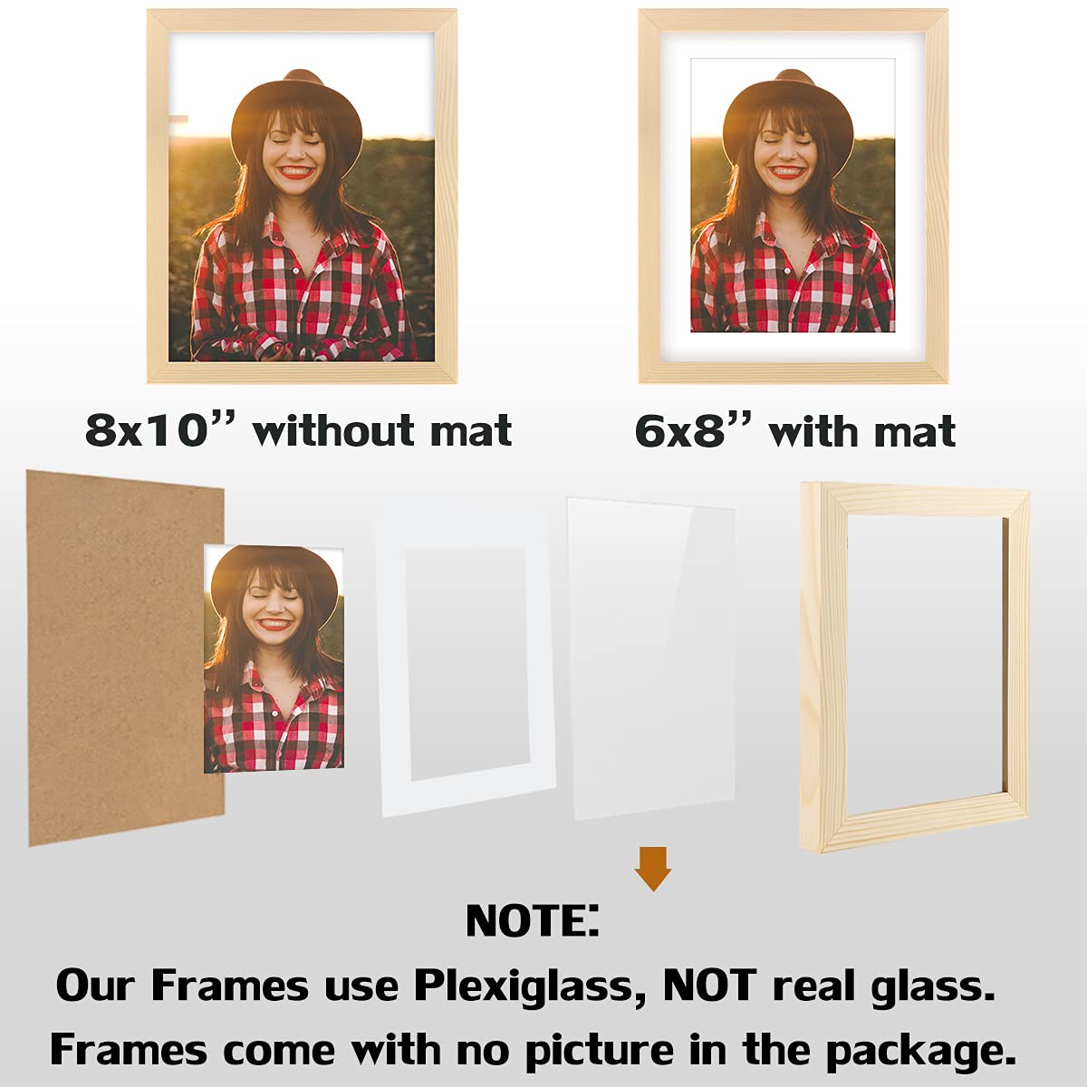8x10 Grain Picture Frames Natural Solid Wood 4 Pack for Wall Mounting and Tabletop Display
