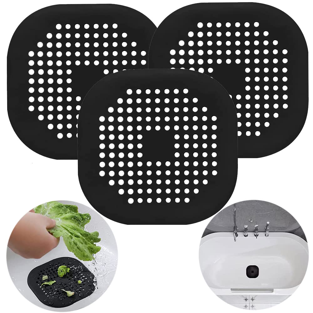 3 Pack Drain Cover Hair Catcher Pad, Silicone Tube Trap Shower With Sucker For Bathroom Kitchen, 5.5'' Flat Square Rubber Strain